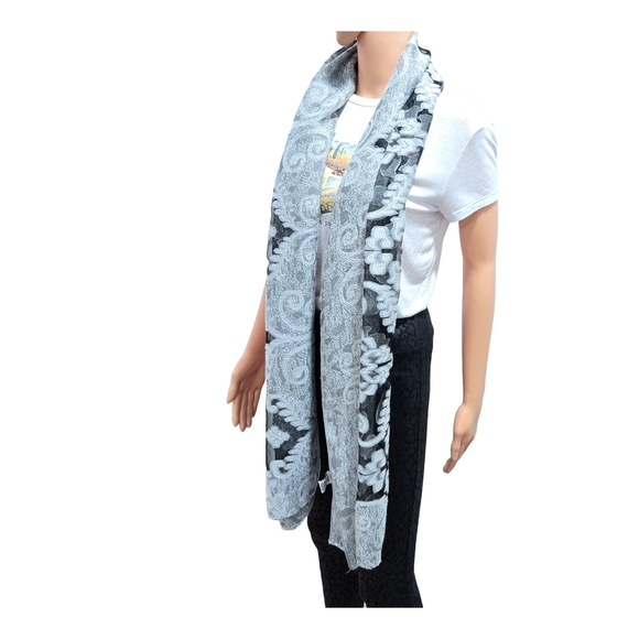 Elegant Black and Gray Floral Scarf - Picture 2 of 9